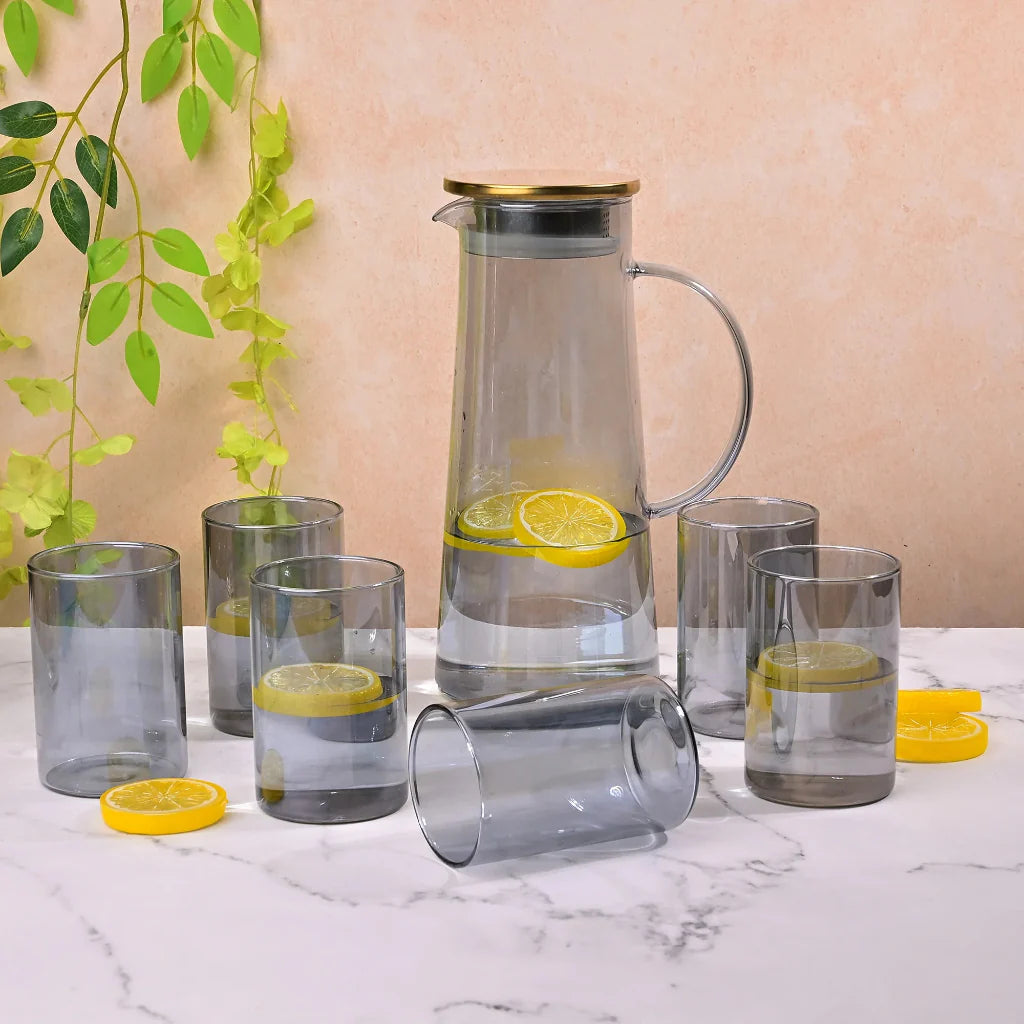 Echou 8-Piece Borosilicate Glass Pitcher Drinkware Set with Bamboo Tray