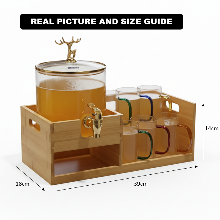 Luxury GoldenDeer Glass Beverage Dispenser Set: 6 Mugs & Natural Bamboo Stand
