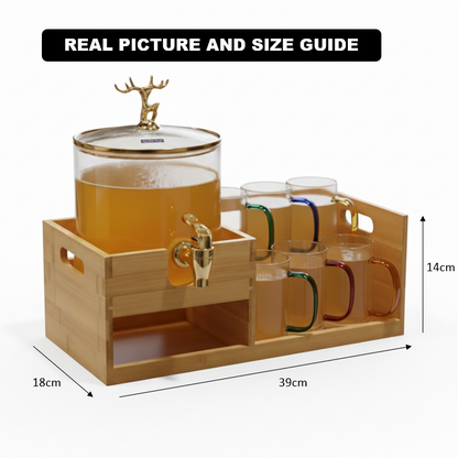 Luxury GoldenDeer Glass Beverage Dispenser Set: 6 Mugs & Natural Bamboo Stand