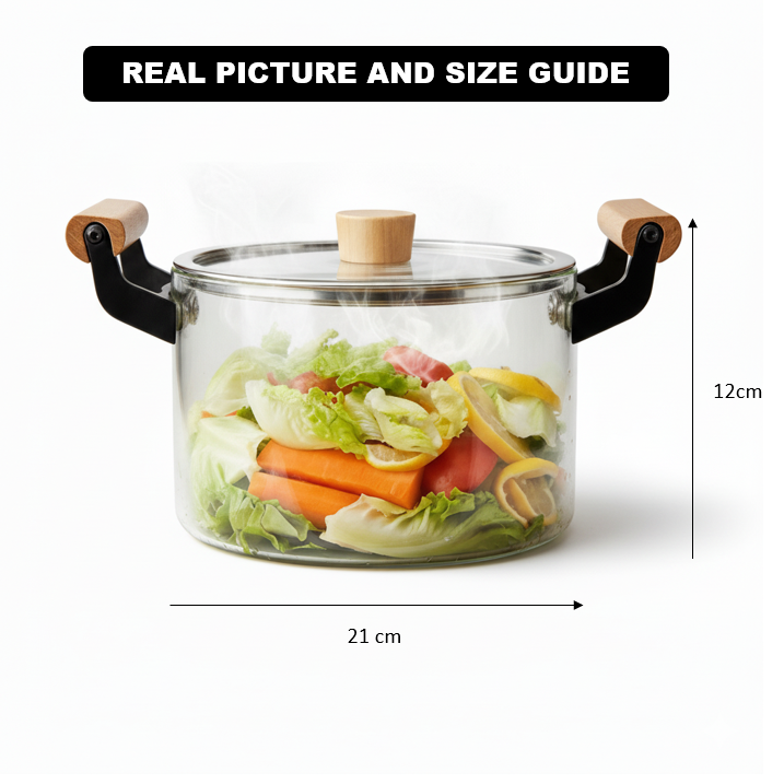 Elegant 3.5L Clear Glass Cooking Pot with Ergonomic Wooden Handles