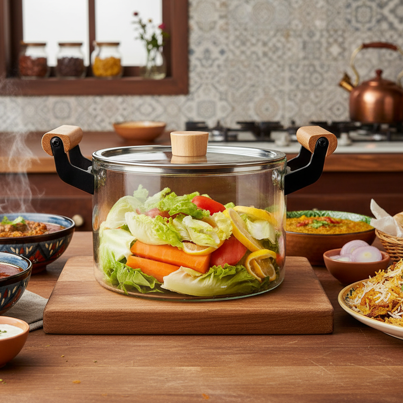Elegant 3.5L Clear Glass Cooking Pot with Ergonomic Wooden Handles