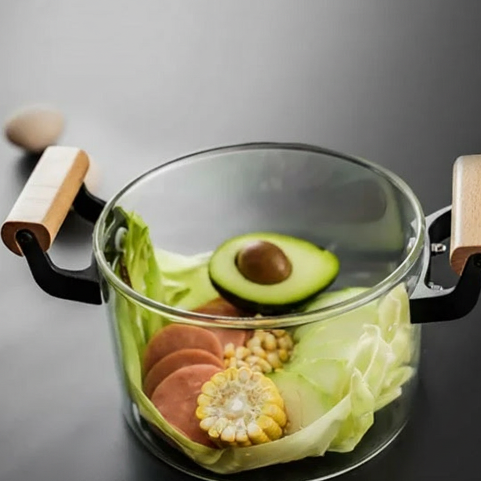 Elegant 3.5L Clear Glass Cooking Pot with Ergonomic Wooden Handles