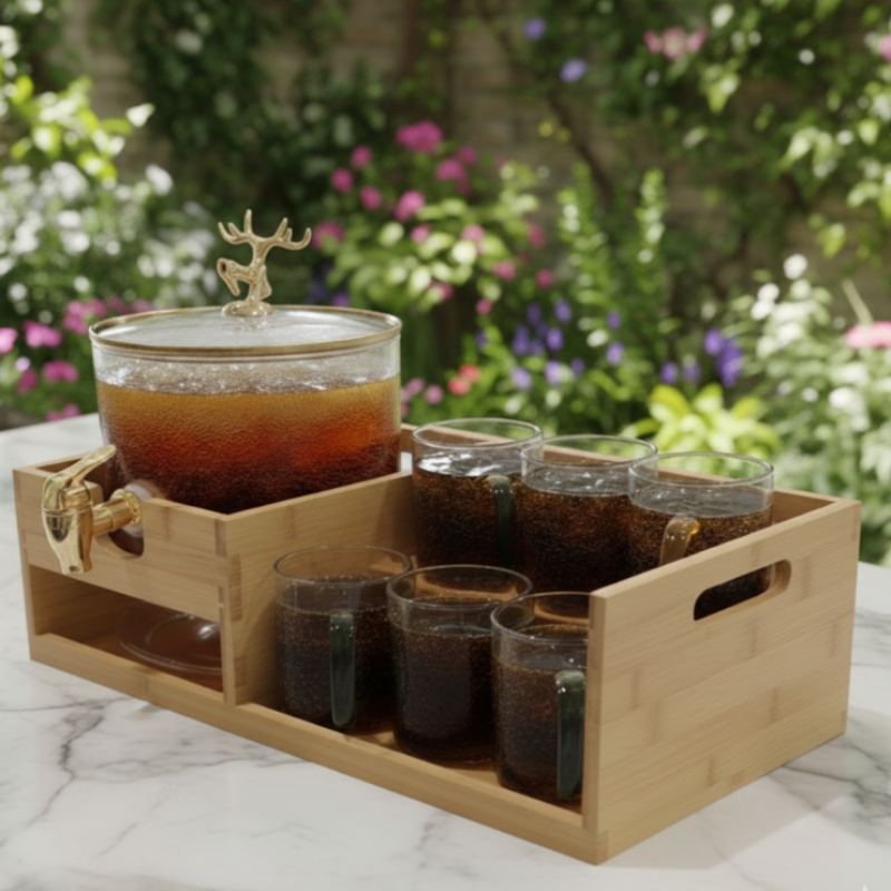 Luxury GoldenDeer Glass Beverage Dispenser Set: 6 Mugs & Natural Bamboo Stand