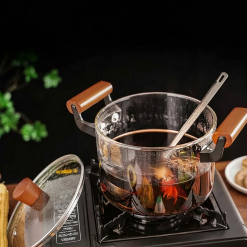 Elegant 3.5L Clear Glass Cooking Pot with Ergonomic Wooden Handles