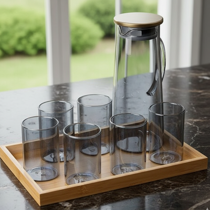 Echou 8-Piece Borosilicate Glass Pitcher Drinkware Set with Bamboo Tray