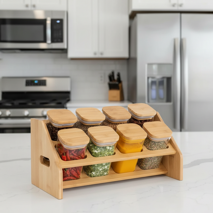 Smart 8-Piece Glass Jar Station with Airtight Wooden Lids