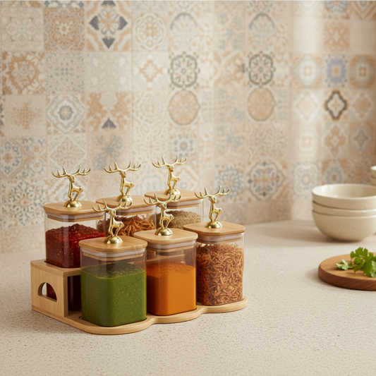 Fabulous 6-Piece Glass Jar Station with Airtight Wooden Lids