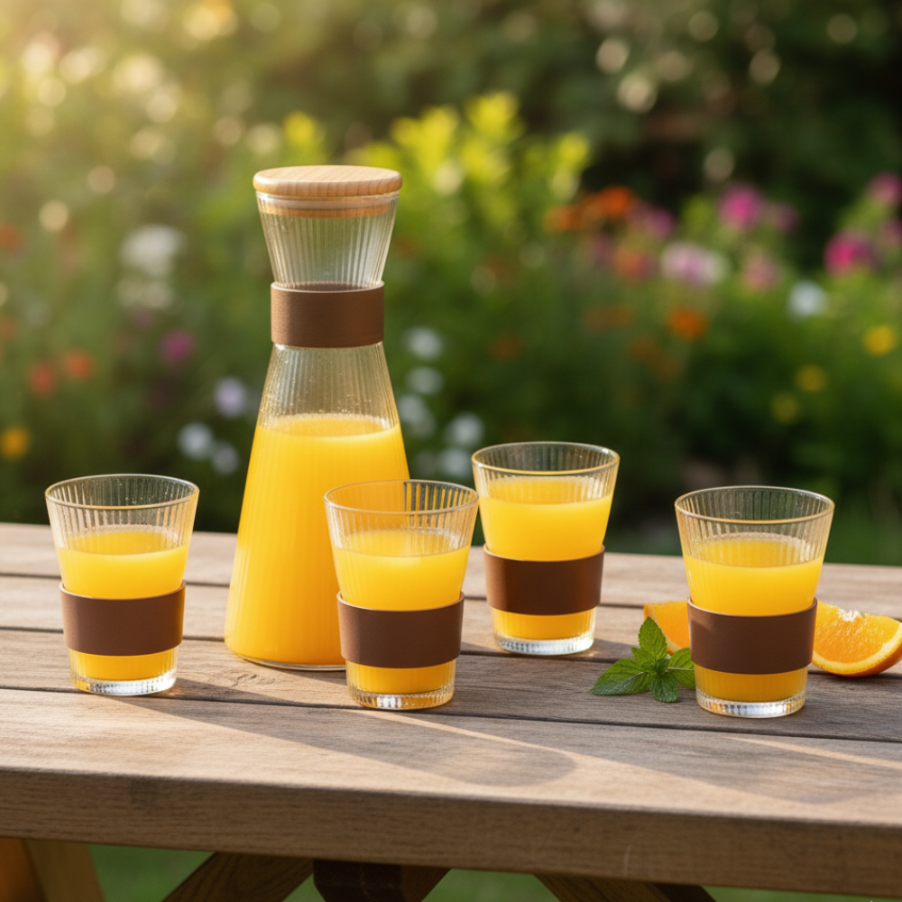 Elegant Fluted Glass Carafe Set, Airtight Wood Lid, Four Tumblers