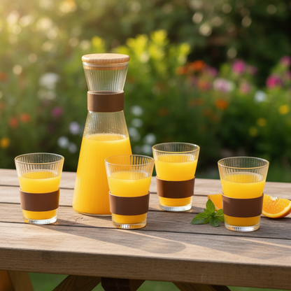 Elegant Fluted Glass Carafe Set, Airtight Wood Lid, Four Tumblers