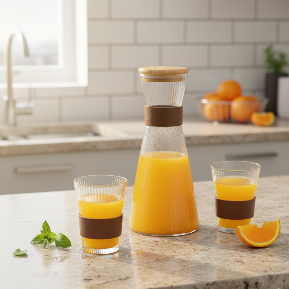 Elegant Fluted Glass Carafe Set, Airtight Wood Lid, Four Tumblers