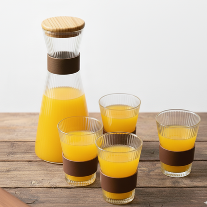 Elegant Fluted Glass Carafe Set, Airtight Wood Lid, Four Tumblers