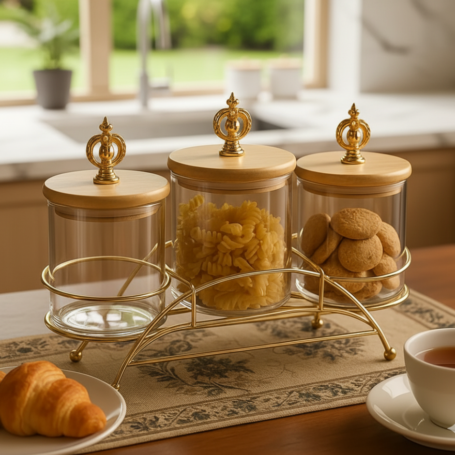 Majestic 3-Piece Glass Jar Set with Golden Metal Stand