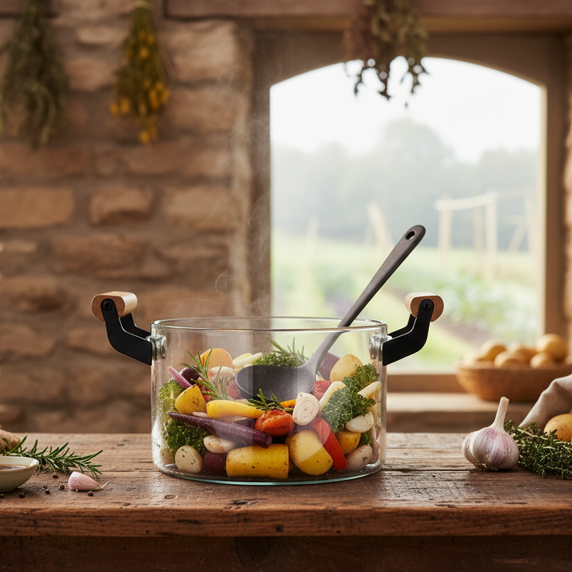 Elegant 3.5L Clear Glass Cooking Pot with Ergonomic Wooden Handles