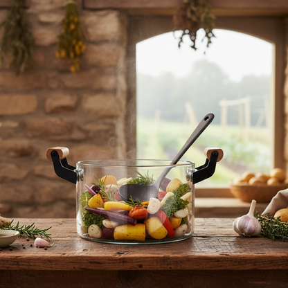 Elegant 3.5L Clear Glass Cooking Pot with Ergonomic Wooden Handles