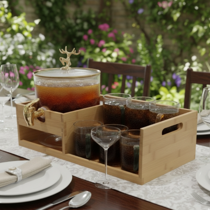 Luxury GoldenDeer Glass Beverage Dispenser Set: 6 Mugs & Natural Bamboo Stand