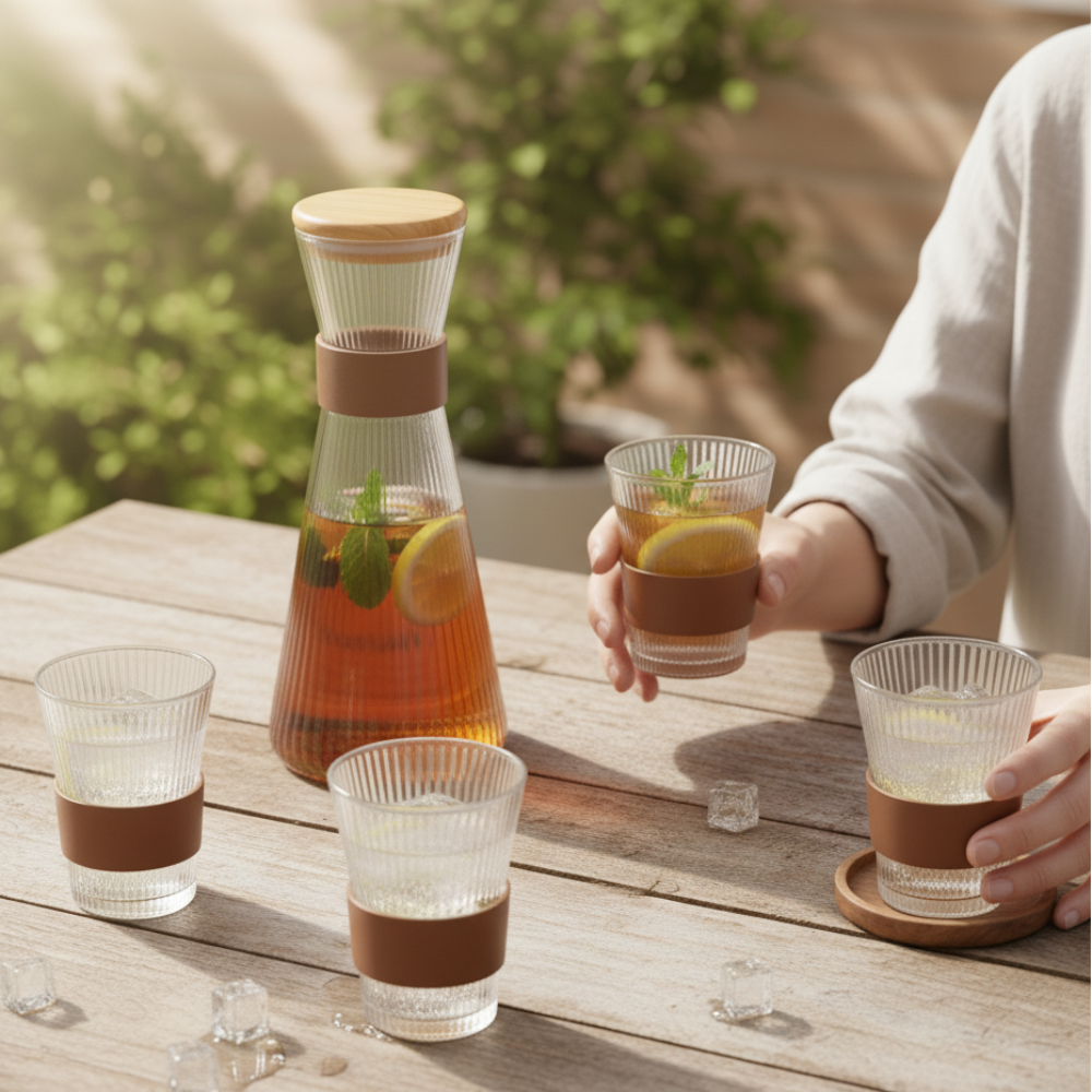 Elegant Fluted Glass Carafe Set, Airtight Wood Lid, Four Tumblers