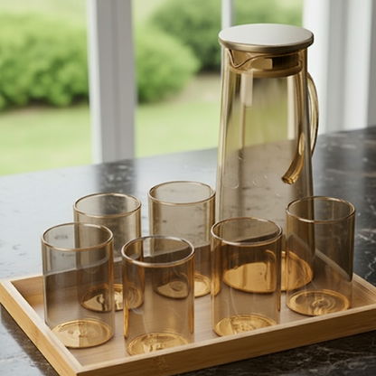 Echou 8-Piece Borosilicate Glass Pitcher Drinkware Set with Bamboo Tray