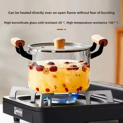 Elegant 3.5L Clear Glass Cooking Pot with Ergonomic Wooden Handles