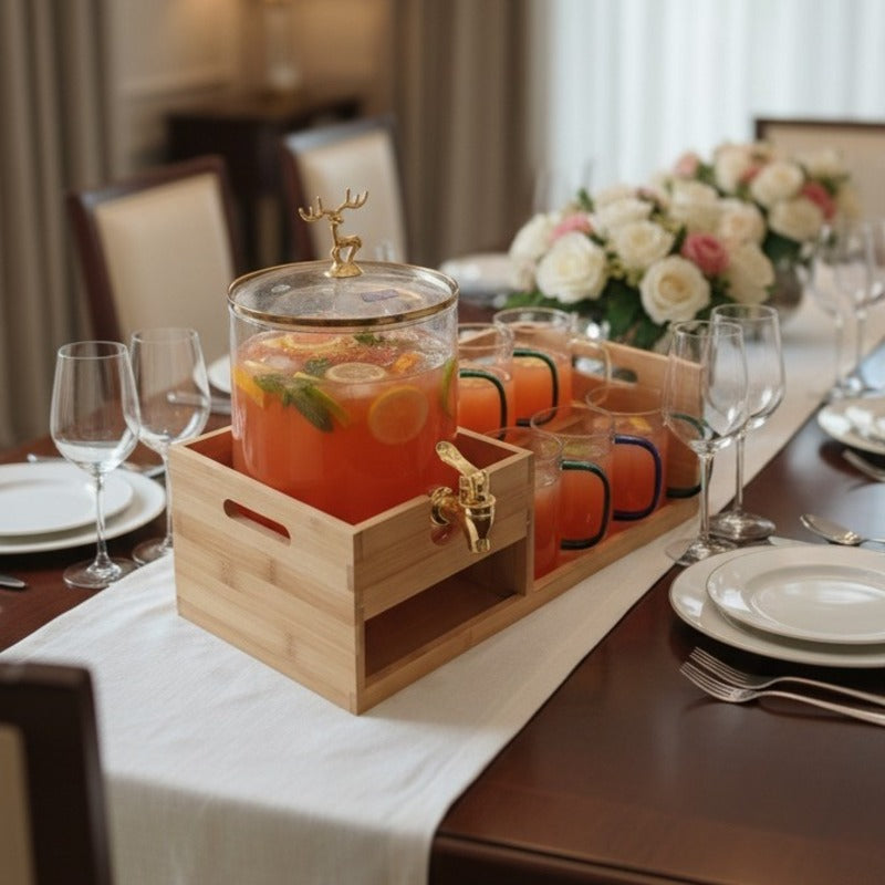 Luxury GoldenDeer Glass Beverage Dispenser Set: 6 Mugs & Natural Bamboo Stand
