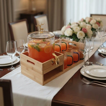 Luxury GoldenDeer Glass Beverage Dispenser Set: 6 Mugs & Natural Bamboo Stand