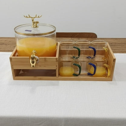 Luxury GoldenDeer Glass Beverage Dispenser Set: 6 Mugs & Natural Bamboo Stand