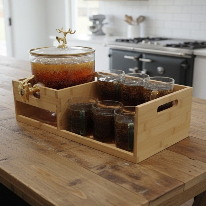 Luxury GoldenDeer Glass Beverage Dispenser Set: 6 Mugs & Natural Bamboo Stand