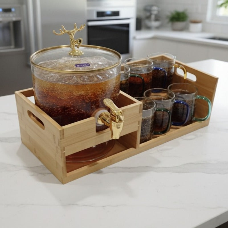 Luxury GoldenDeer Glass Beverage Dispenser Set: 6 Mugs & Natural Bamboo Stand
