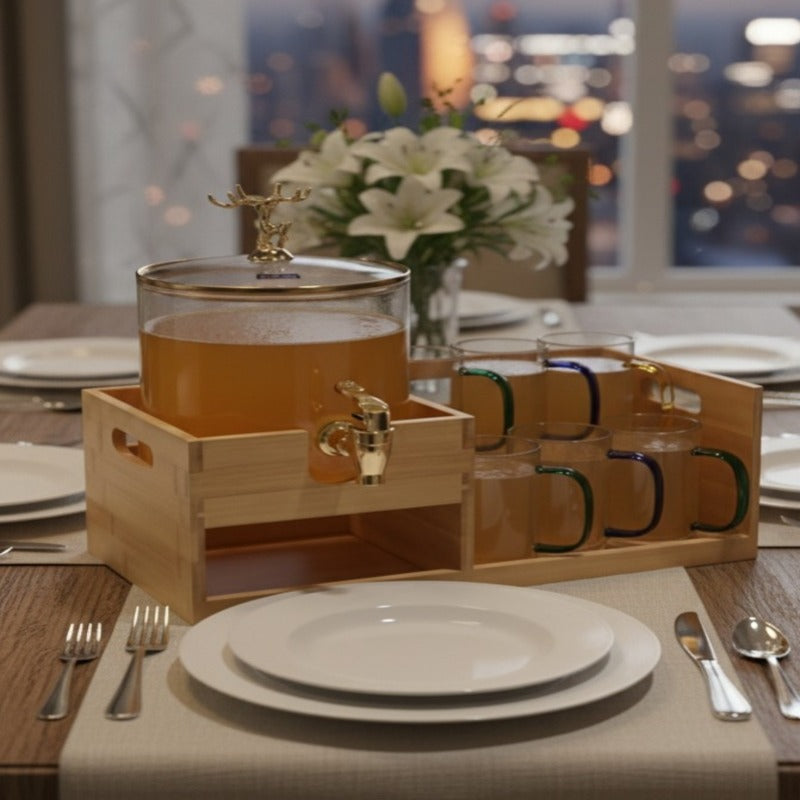 Luxury GoldenDeer Glass Beverage Dispenser Set: 6 Mugs & Natural Bamboo Stand