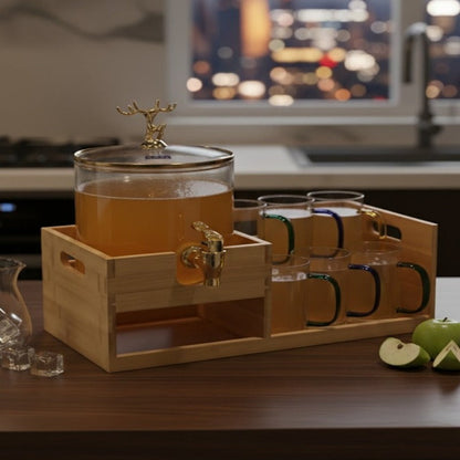 Luxury GoldenDeer Glass Beverage Dispenser Set: 6 Mugs & Natural Bamboo Stand