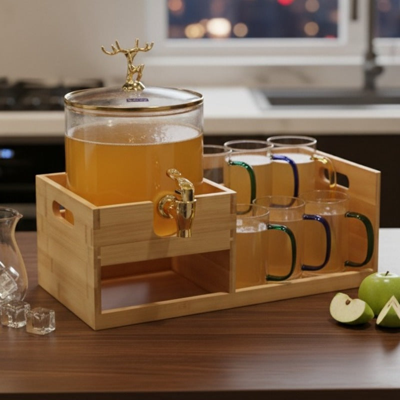 Luxury GoldenDeer Glass Beverage Dispenser Set: 6 Mugs & Natural Bamboo Stand