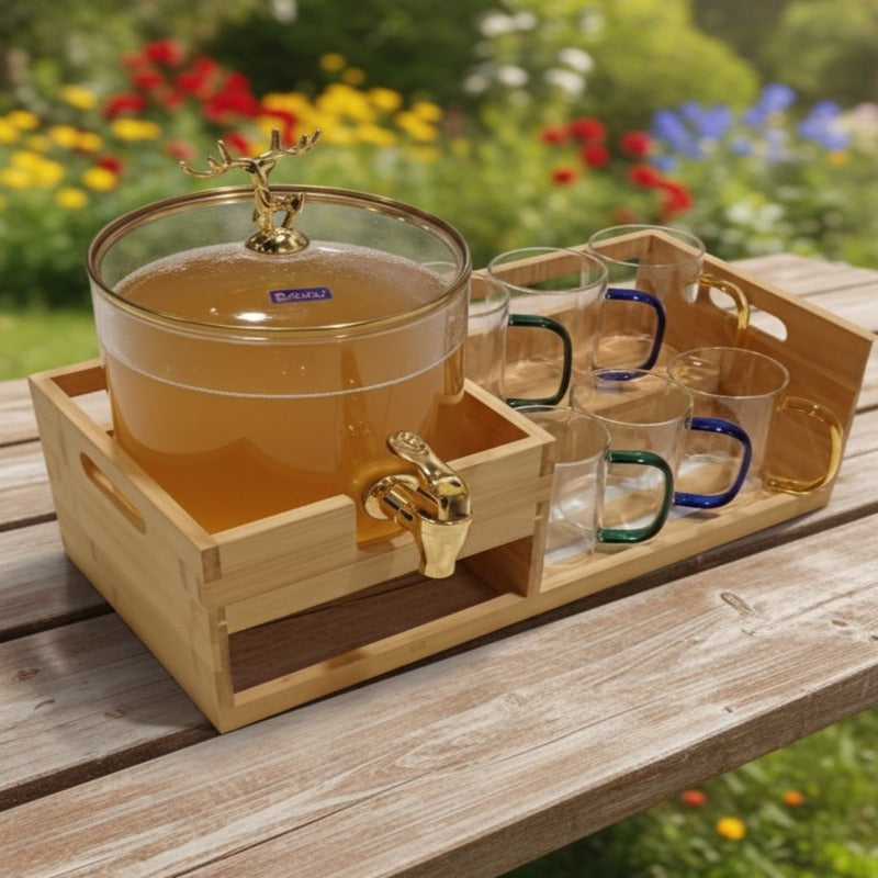 Luxury GoldenDeer Glass Beverage Dispenser Set: 6 Mugs & Natural Bamboo Stand