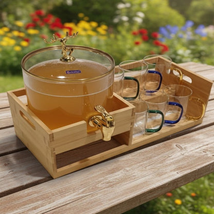 Luxury GoldenDeer Glass Beverage Dispenser Set: 6 Mugs & Natural Bamboo Stand
