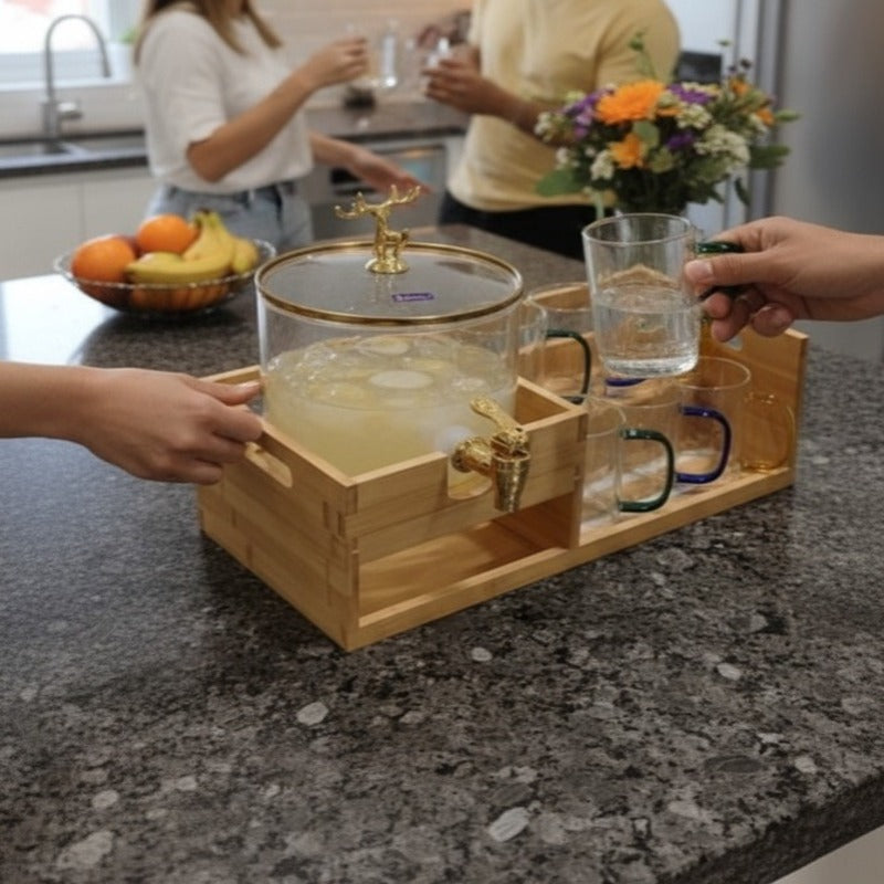 Luxury GoldenDeer Glass Beverage Dispenser Set: 6 Mugs & Natural Bamboo Stand