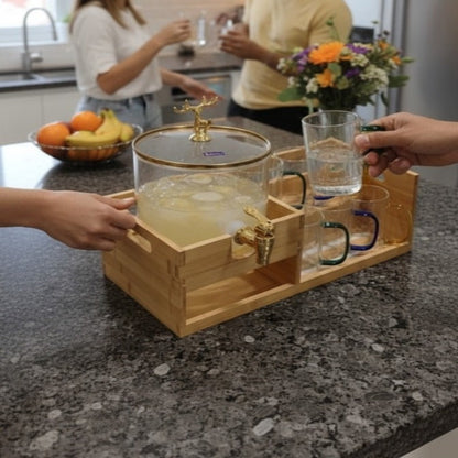 Luxury GoldenDeer Glass Beverage Dispenser Set: 6 Mugs & Natural Bamboo Stand