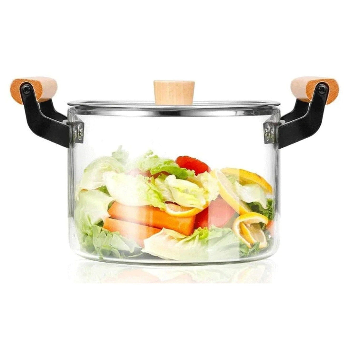 Elegant 3.5L Clear Glass Cooking Pot with Ergonomic Wooden Handles