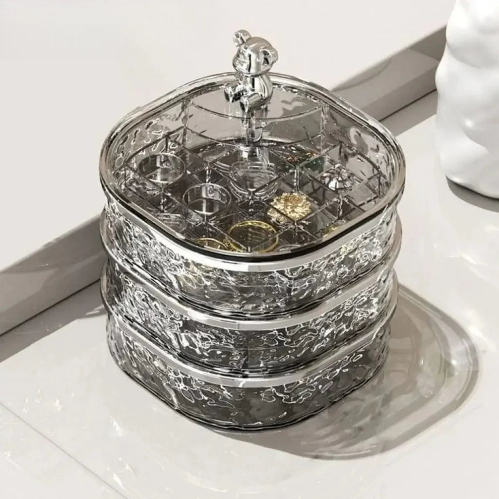 Multi-Tier Rotating Glacier Texture Jewelry Organizer with Bear Decor