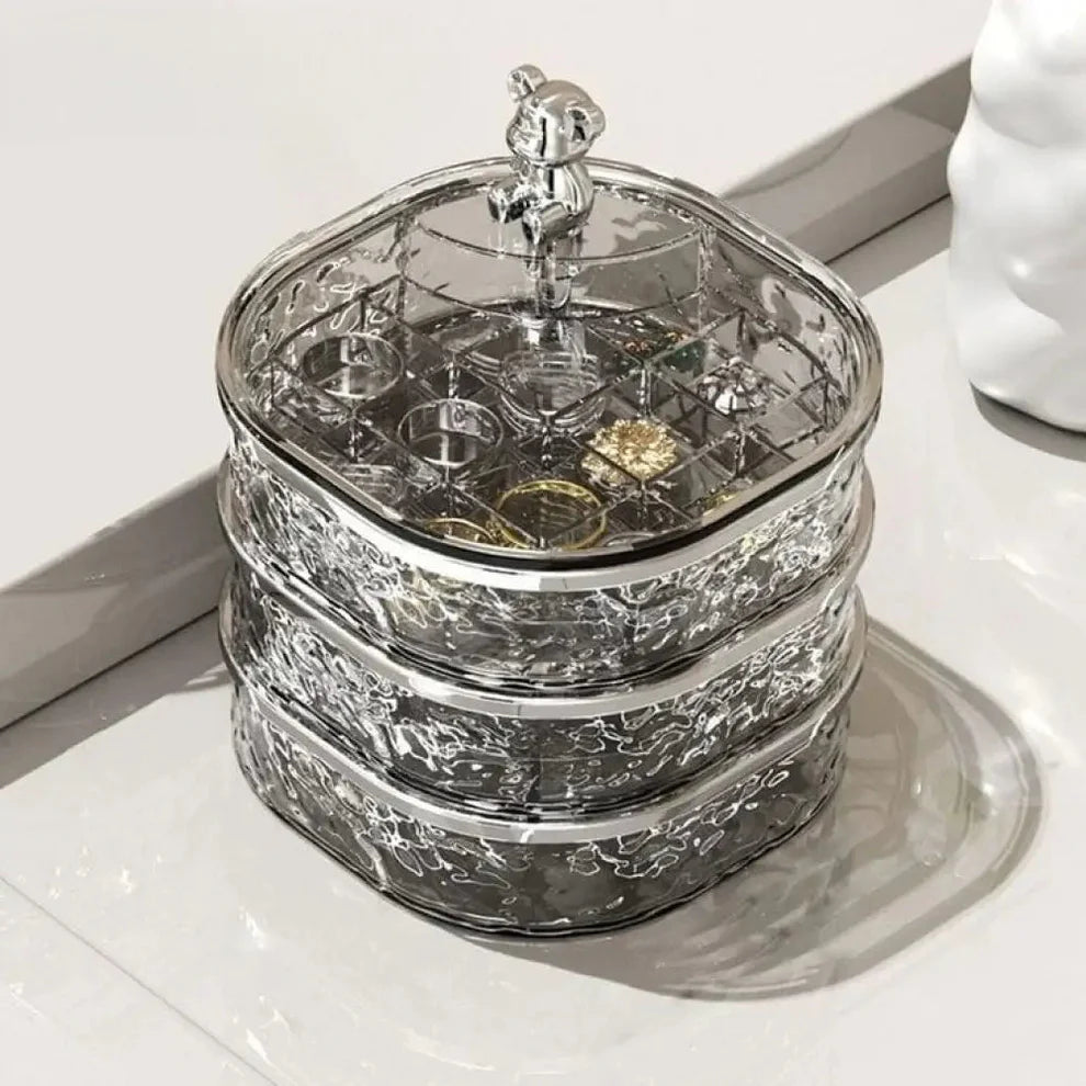 Multi-Tier Rotating Glacier Texture Jewelry Organizer with Bear Decor