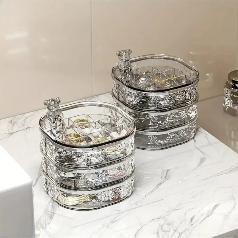 Multi-Tier Rotating Glacier Texture Jewelry Organizer with Bear Decor
