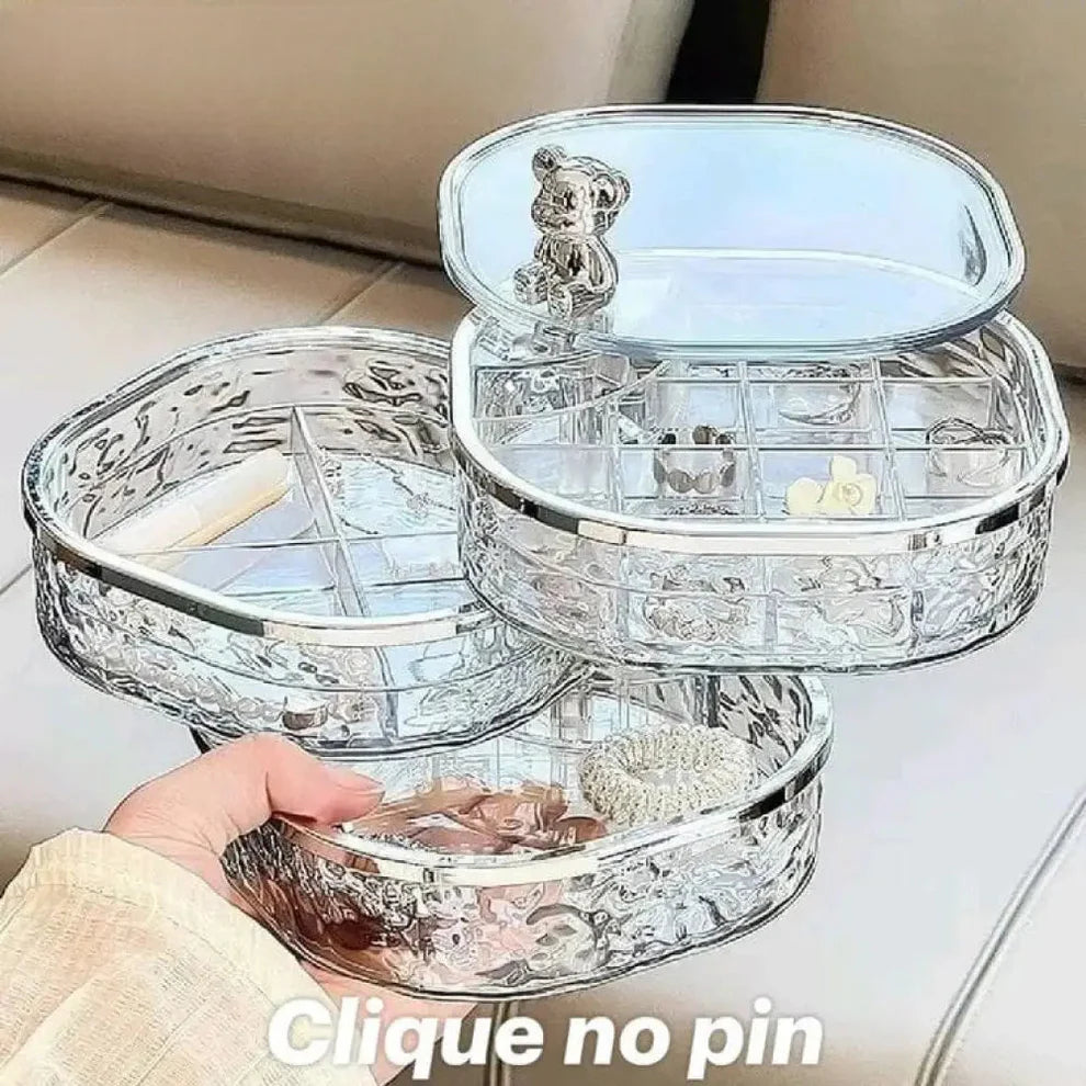 Multi-Tier Rotating Glacier Texture Jewelry Organizer with Bear Decor